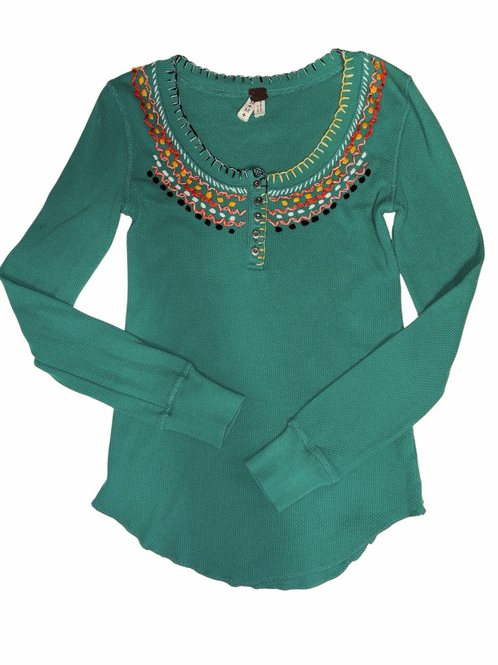 Free People Henley Waffle Thermal embroidery long sleeve top Emerald Green